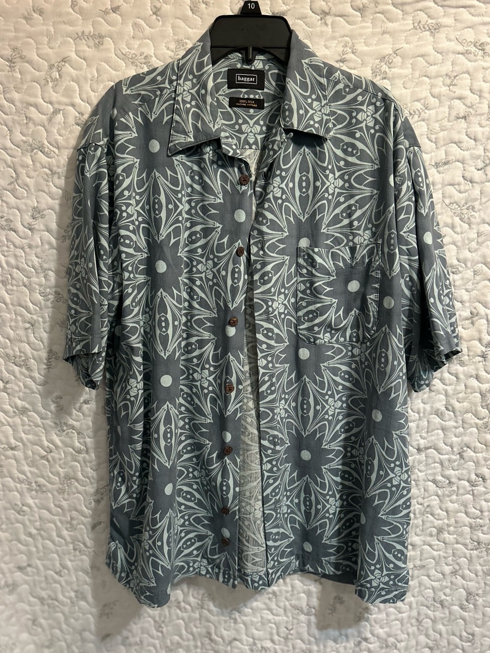 Haggar 100% Silk Gray-Blue Short Sleeve Button-Down Camp Perfect for Cruise!